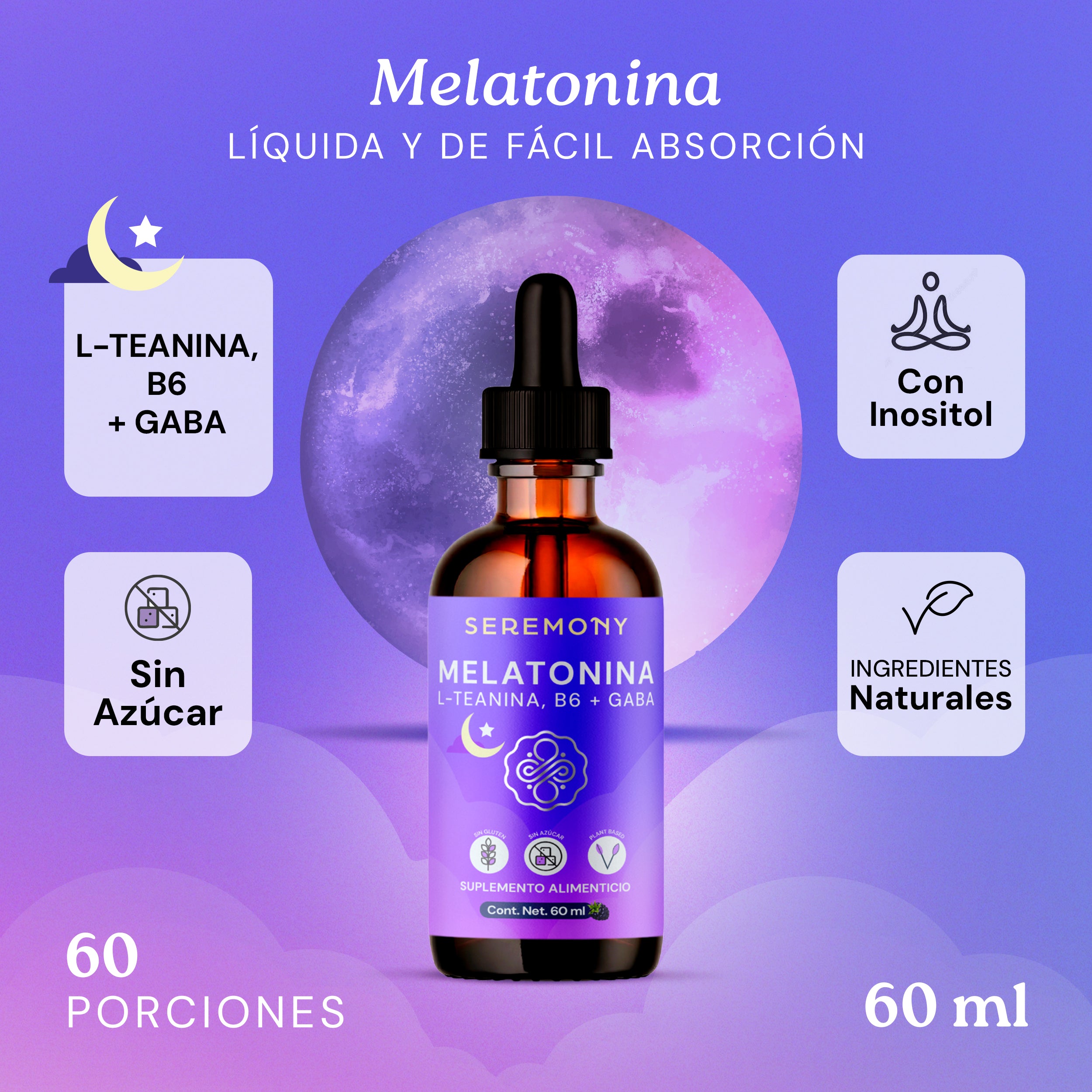Melatonina Líquida con L-Teanina, B6 y GABA | Sin Azúcar | Vegana
