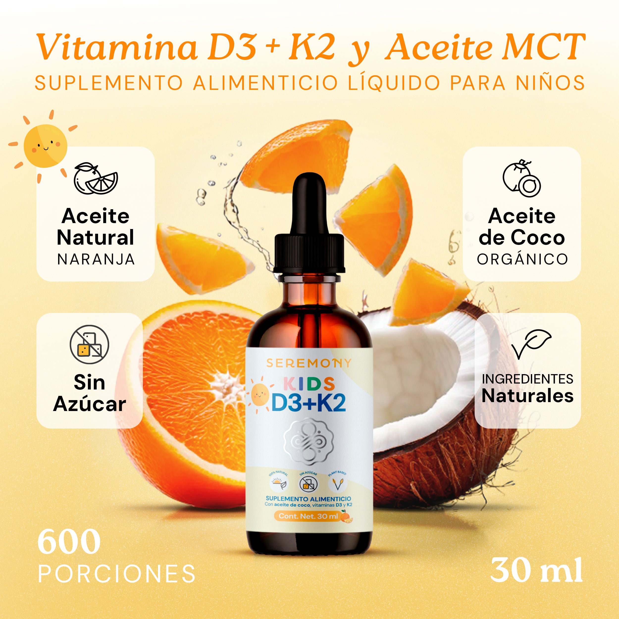 Vitamina D3 + K2 Kids Líquida en Gotas Con Aceite de Coco Orgánico | Sabor Ligero a Naranja Orgánica