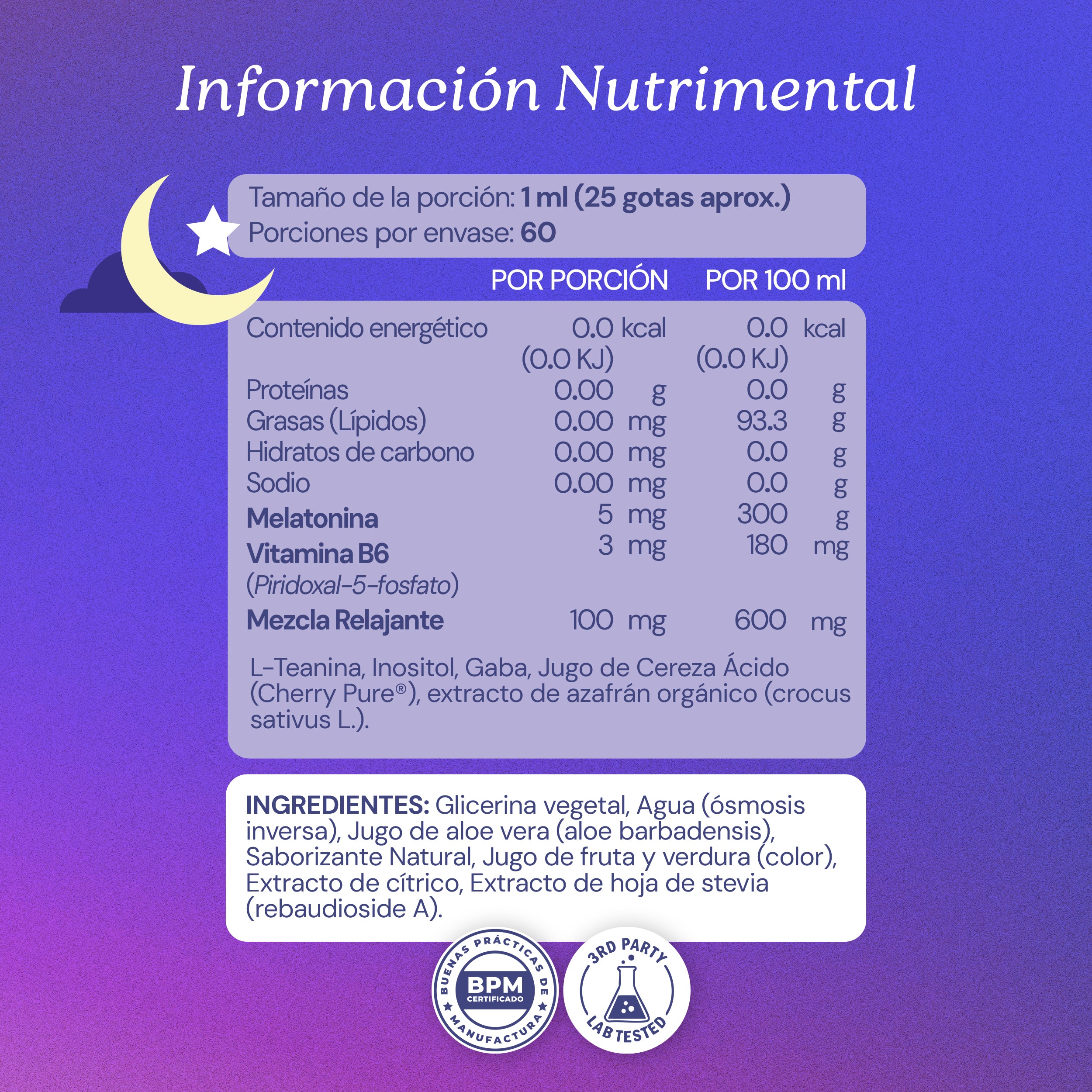 Melatonina Líquida con L-Teanina, B6 y GABA | Sin Azúcar | Vegana