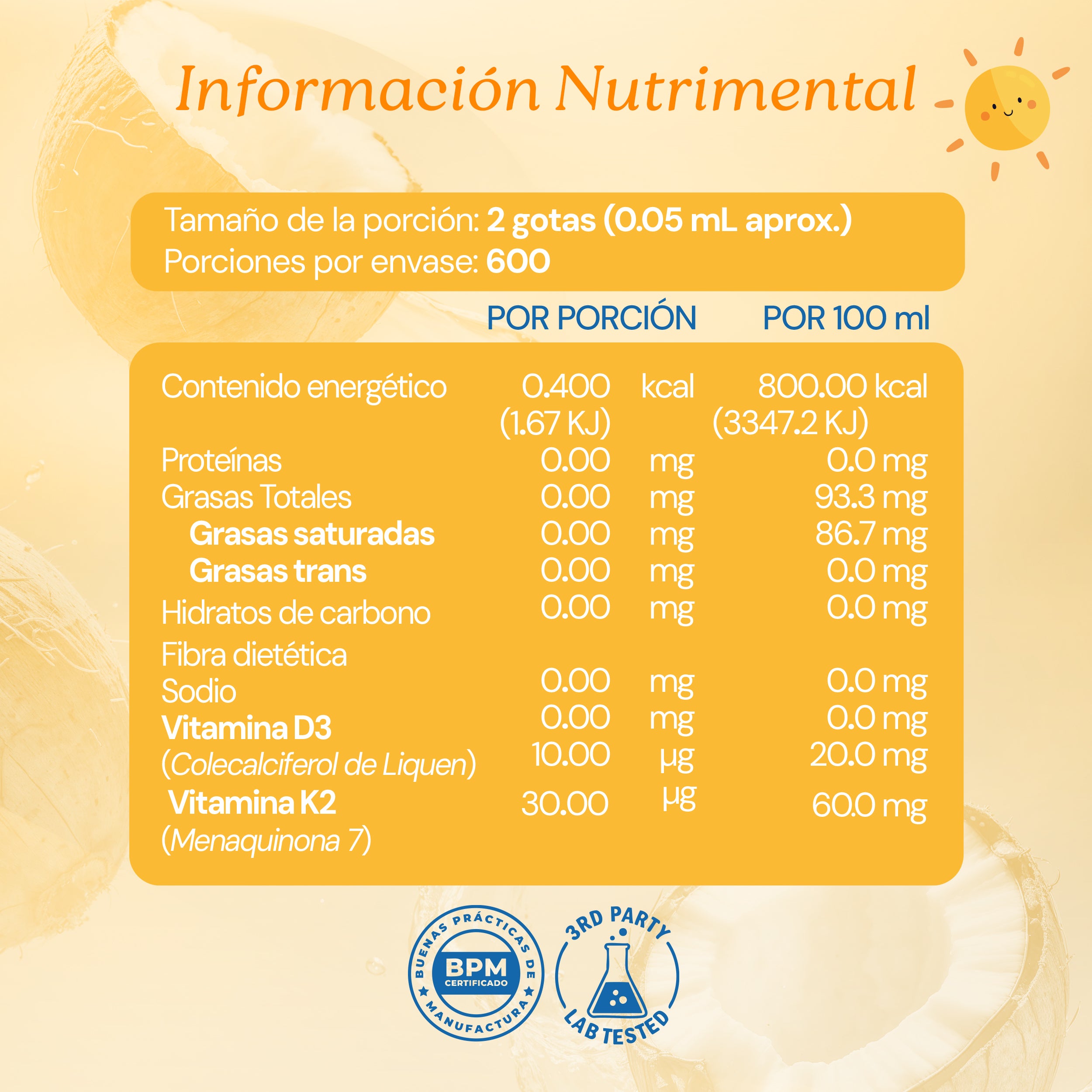 Vitamina D3 + K2 Kids Líquida en Gotas Con Aceite de Coco Orgánico | Sabor Ligero a Naranja Orgánica