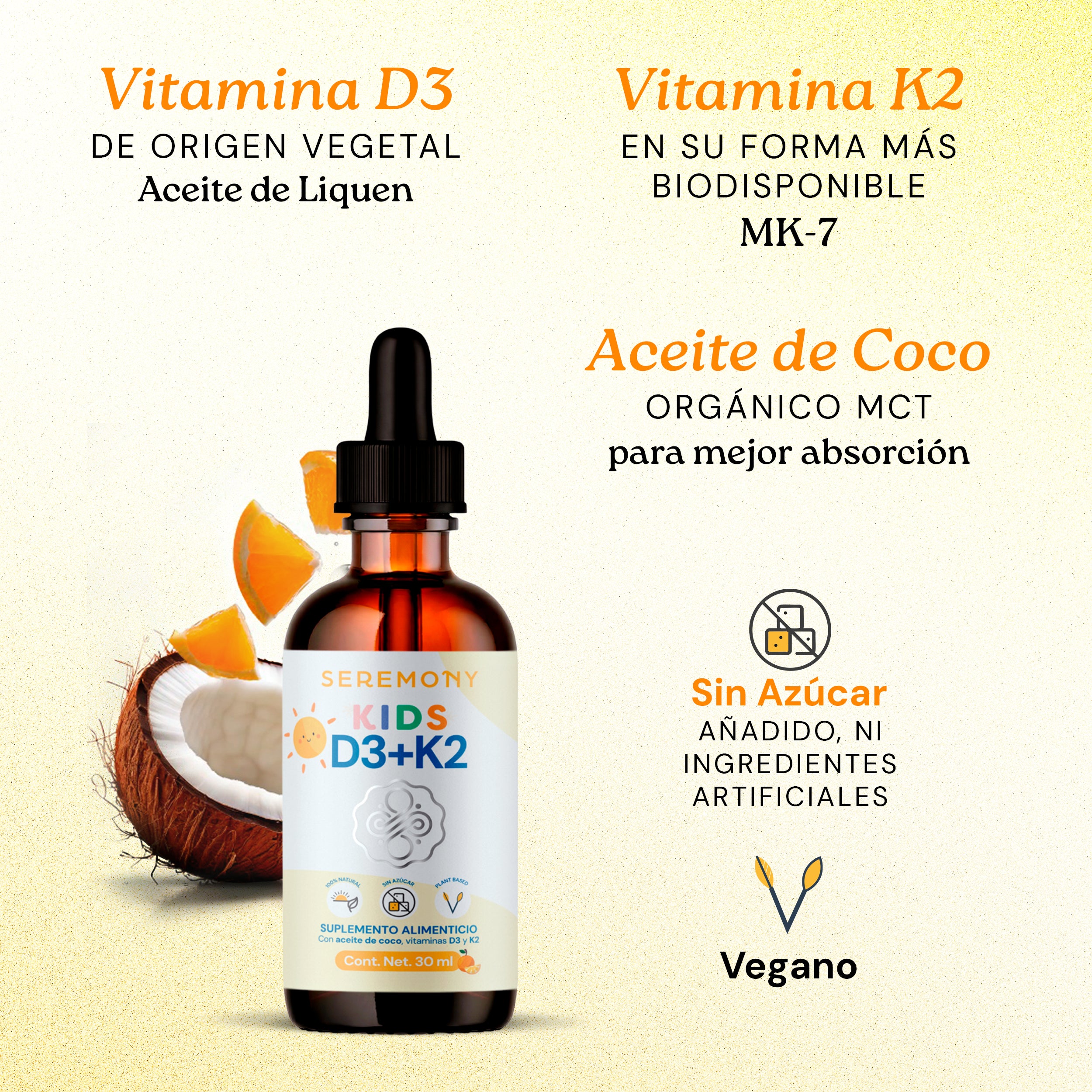 Vitamina D3 + K2 Kids Líquida en Gotas Con Aceite de Coco Orgánico | Sabor Ligero a Naranja Orgánica