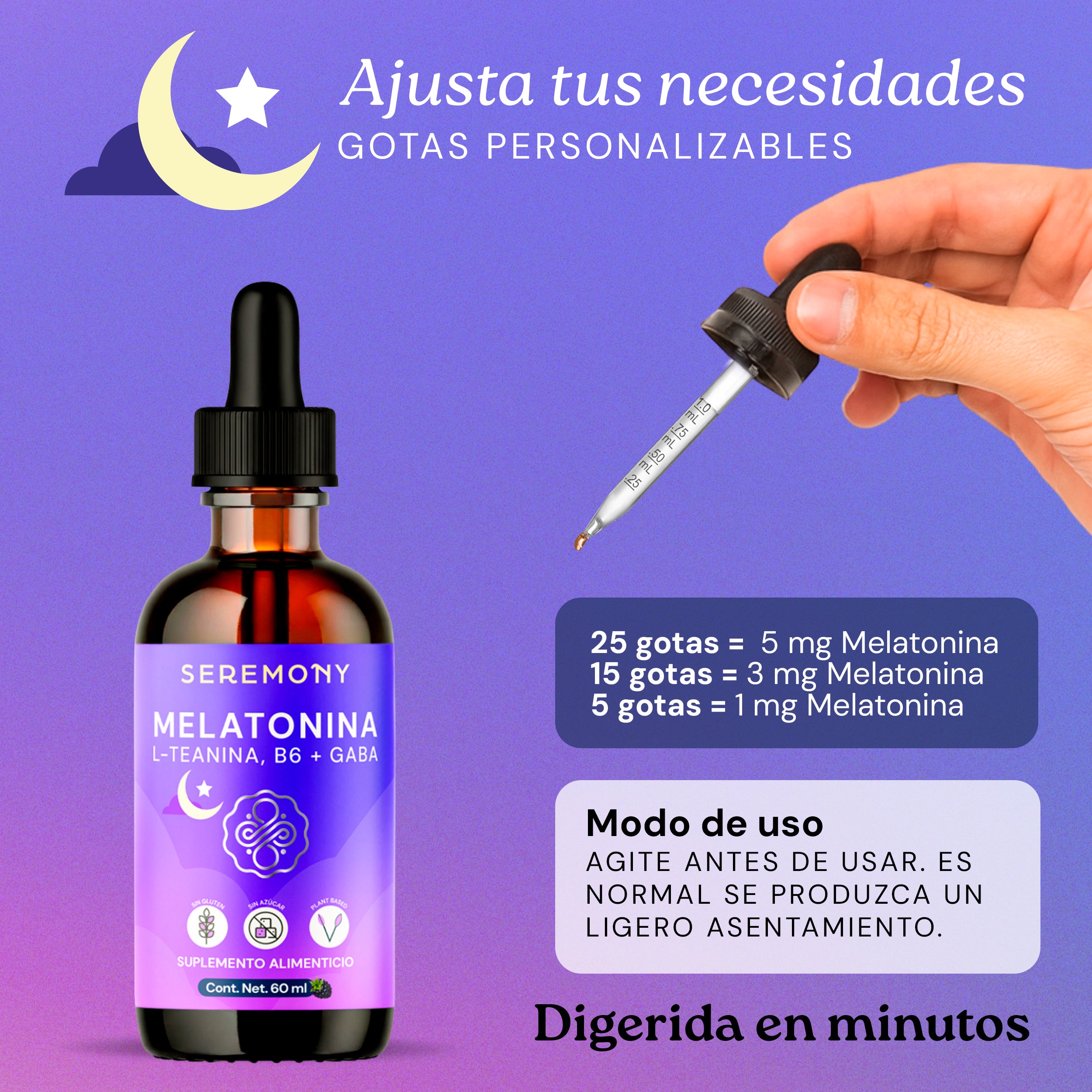 Melatonina Líquida con L-Teanina, B6 y GABA | Sin Azúcar | Vegana