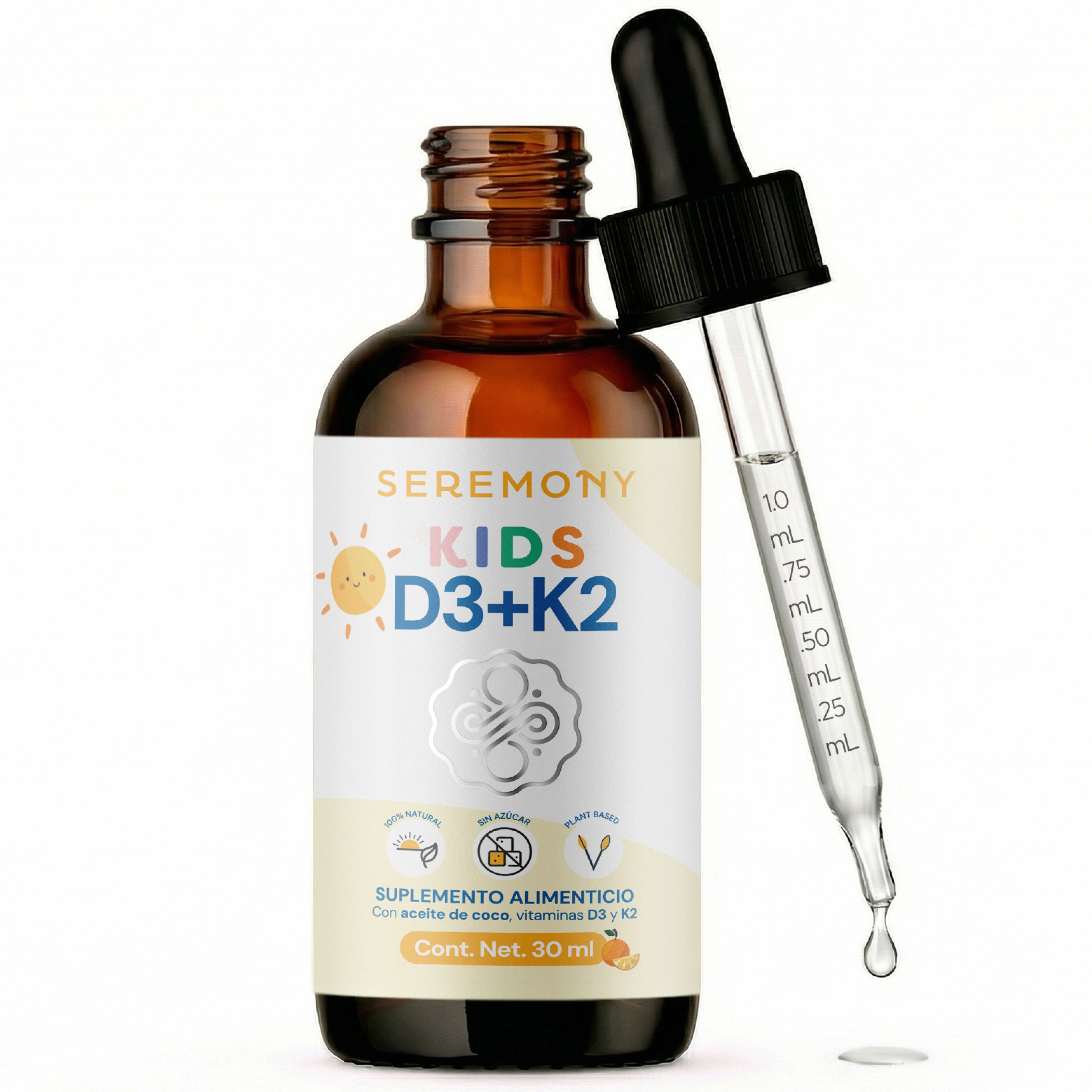 Vitamina D3 + K2 Kids Líquida en Gotas Con Aceite de Coco Orgánico | Sabor Ligero a Naranja Orgánica